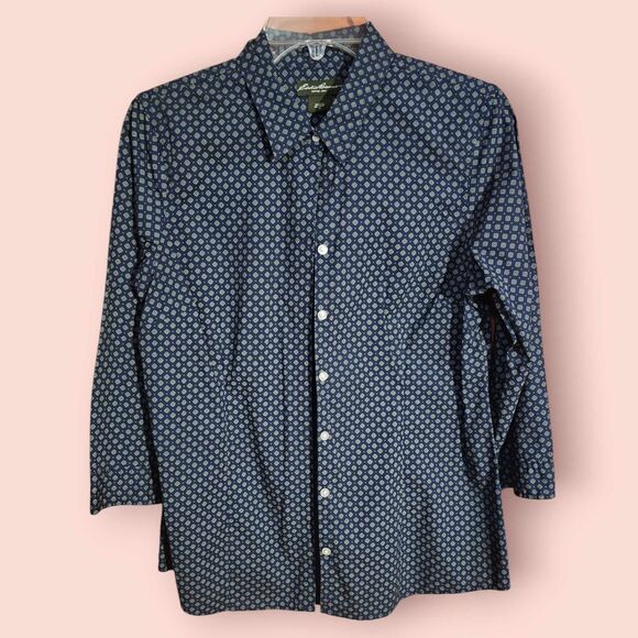 Eddie Bauer Women Size M Blue Button Up Long Sleeve 3/4 Geometric Shirt  (A16)‎ - Picture 1 of 4